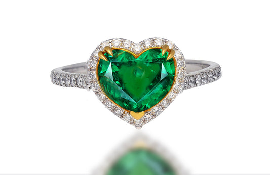 554 custom made unique heart emerald center stone and round diamond halo engagement ring