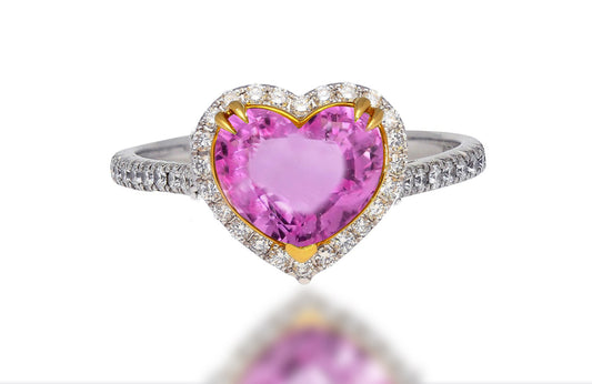 554 custom made unique heart pink sapphire center stone and round diamond halo engagement ring