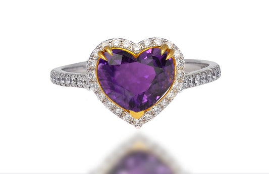 554 custom made unique heart purple sapphire center stone and round diamond halo engagement ring