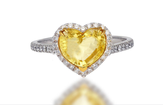 554 custom made unique heart yellow sapphire center stone and round diamond halo engagement ring