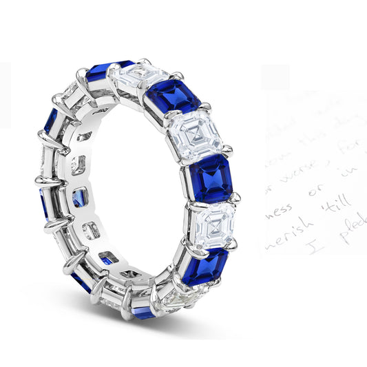 56 custom made unique stackable alternating asscher cut blue sapphire and diamond prong set eternity ring