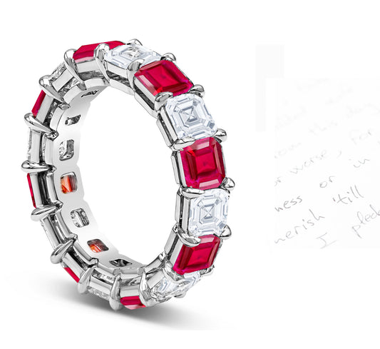 56 custom made unique stackable alternating asscher cut ruby and diamond prong set eternity ring