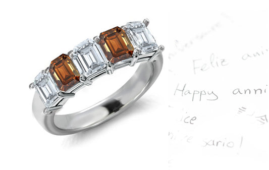 anniversary ring five stone with alternating emerald cut brown and white diamonds