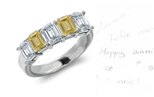 anniversary ring five stone with alternating emerald cut yellow and white diamonds