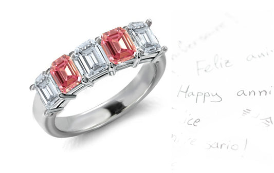 anniversary ring five stone with alternating emerald cut pink and white diamonds