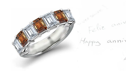 anniversary ring seven stone with alternating emerald cut brown and white diamonds