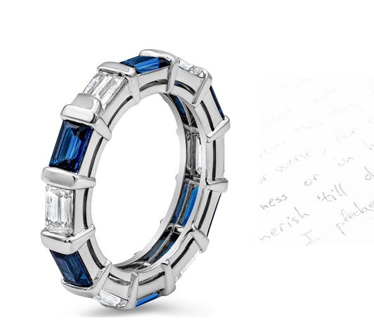 57 custom made unique stackable alternating baguette cut blue sapphire and diamond bar set eternity ring