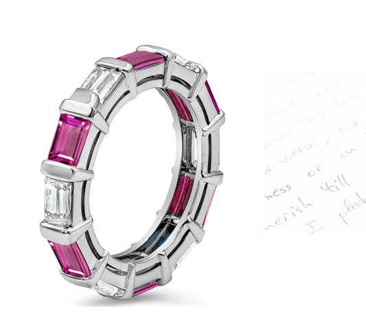 57 custom made unique stackable alternating baguette cut pink sapphire and diamond bar set eternity ring