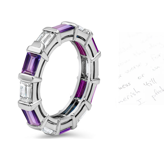57 custom made unique stackable alternating baguette cut purple sapphire and diamond bar set eternity ring