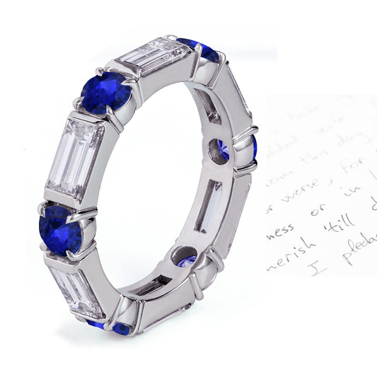 58 custom made unique stackable alternating round blue sapphire and baguette diamond eternity ring