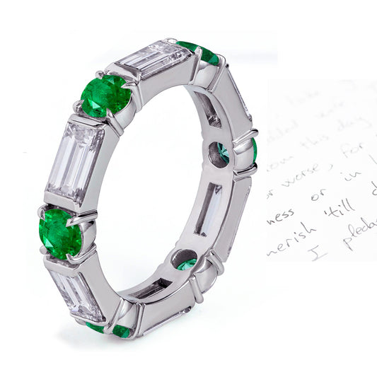 58 custom made unique stackable alternating round emerald and baguette diamond eternity ring