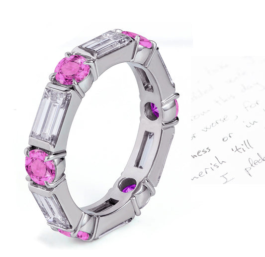 58 custom made unique stackable alternating round pink sapphire and baguette diamond eternity ring