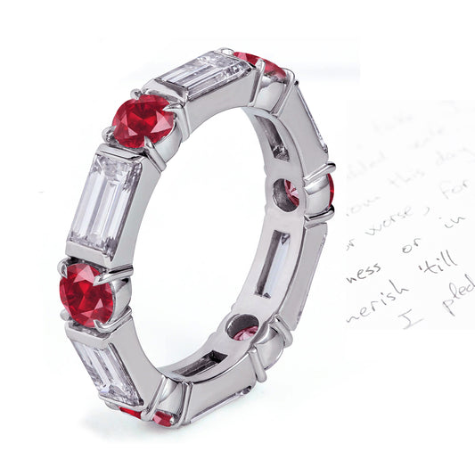 58 custom made unique stackable alternating round ruby and baguette diamond eternity ring