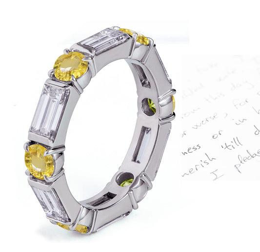 58 custom made unique stackable alternating round yellow sapphire and baguette diamond eternity ring