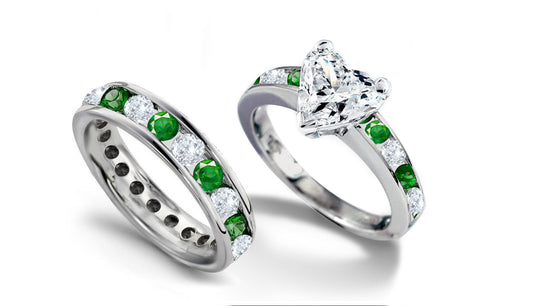 bridal set (engagement ring/wedding band) with round emeralds and diamonds