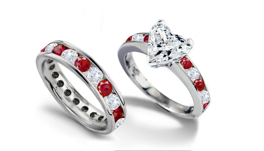 bridal set (engagement ring/wedding band) with heart diamond center and side round rubies and diamonds