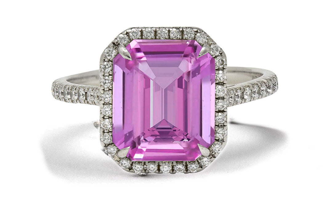 6 custom made pink sapphire and diamond vintage halo engagement rings