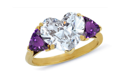 600 custom made unique heart diamond center stone and heart purple sapphire three stone engagement ring