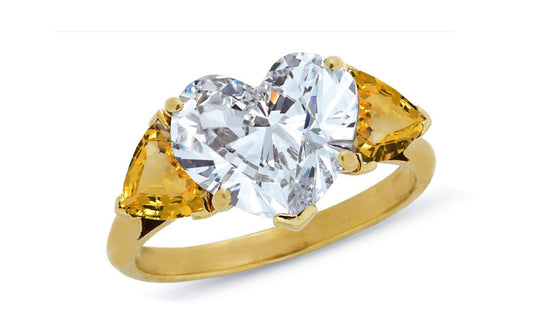 600 custom made unique heart diamond center stone and heart yellow sapphire three stone engagement ring