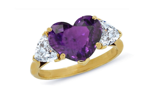 600 custom made unique heart purple sapphire center stone and heart diamond three stone engagement ring