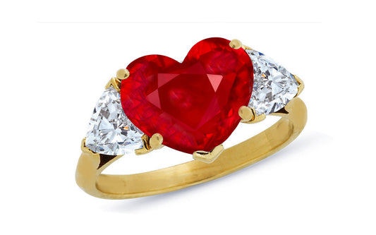 600 custom made unique heart ruby center stone and heart diamond three stone engagement ring