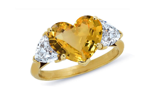 600 custom made unique heart yellow sapphire center stone and heart diamond three stone engagement ring