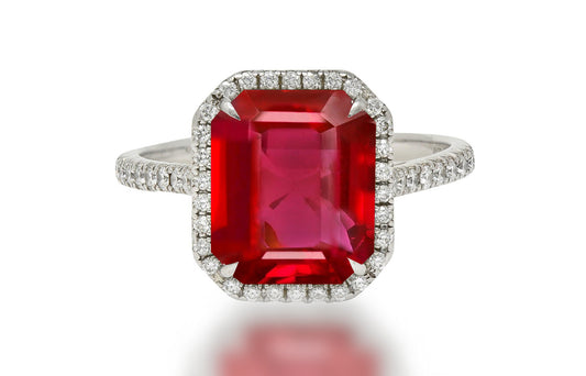 611 custom made unique ruby cut emerald center stone and diamond halo engagement ring