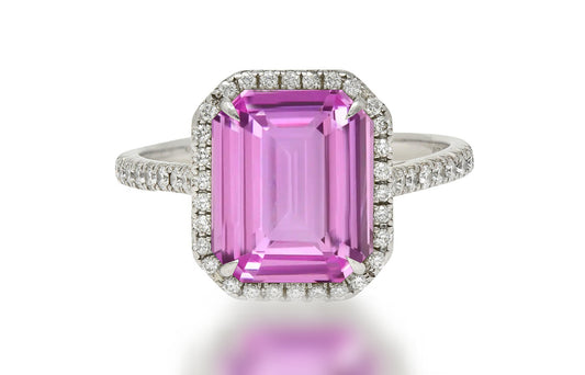 611 custom made unique pink sapphire cut emerald center stone and diamond halo engagement ring
