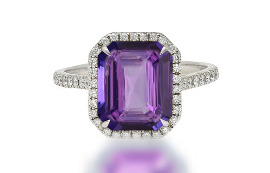 611 custom made unique purple sapphire cut emerald center stone and diamond halo engagement ring