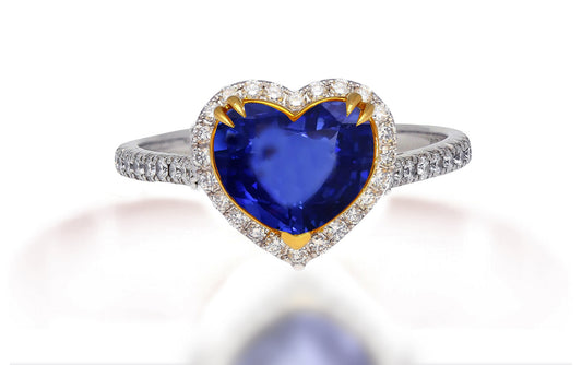 612 custom made unique heart blue sapphire center stone and diamond halo engagement ring