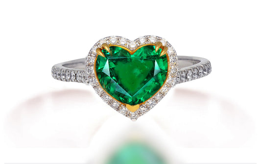 612 custom made unique heart emerald center stone and diamond halo engagement ring
