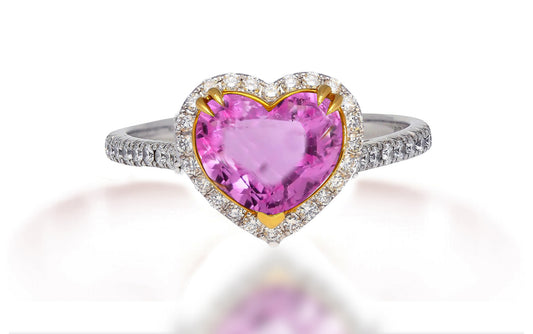 612 custom made unique heart pink sapphire center stone and diamond halo engagement ring