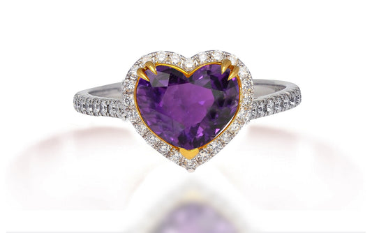 612 custom made unique heart purple sapphire center stone and diamond halo engagement ring