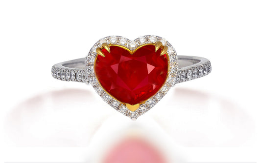 612 custom made unique heart ruby center stone and diamond halo engagement ring