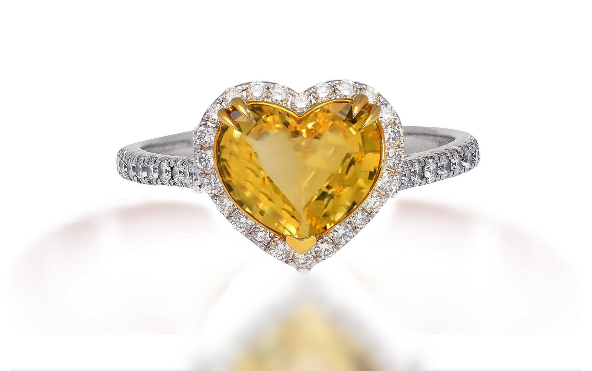 612 custom made unique heart yellow sapphire center stone and diamond halo engagement ring