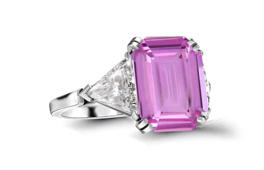 613 custom made unique emerald cut pink sapphirecenter stone and trillion diamond side three stone engagement ring