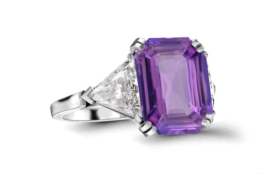 613 custom made unique emerald cut purple sapphirecenter stone and trillion diamond side three stone engagement ring