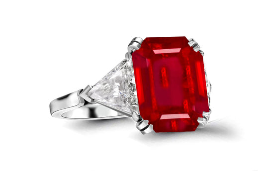 613 custom made unique emerald cut ruby center stone and trillion diamond side three stone engagement ring