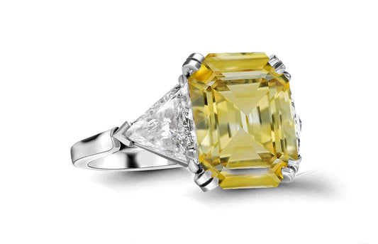 613 custom made unique yellow sapphire cut emerald center stone and trillion diamond side three stone engagement ring1