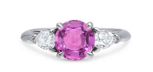614 custom made unique round pink sapphire center stone and pears diamond side three stone engagement ring