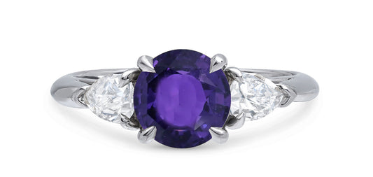 614 custom made unique round purple sapphire center stone and pears diamond side three stone engagement ring