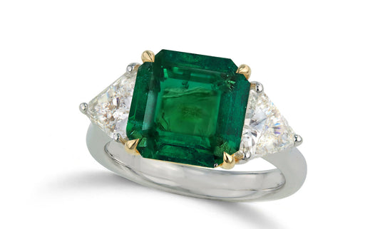 618 custom made unique asscher cut emerald center stone and trillion diamond side three stone engagement ring