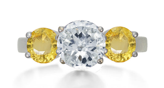 622 custom made unique round diamond center stone and round yellow sapphire accent three stone engagement ring