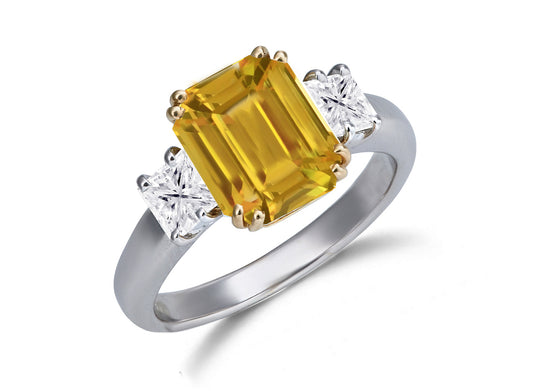 624 custom made unique emerald cut yellow sapphire center stone and square diamond accent three stone engagement ring