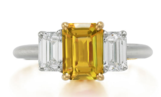 626 custom made unique emerald cut yellow sapphire center stone and emerald cut diamond accent three stone engagement ring