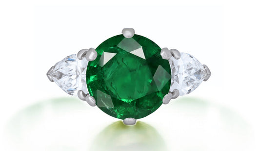 629 custom made unique round emerald center stone and pears diamond accent three stone engagement ring