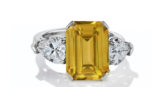 630 custom made unique emerald cut yellow sapphire center stone and pears diamond accent three stone engagement ring