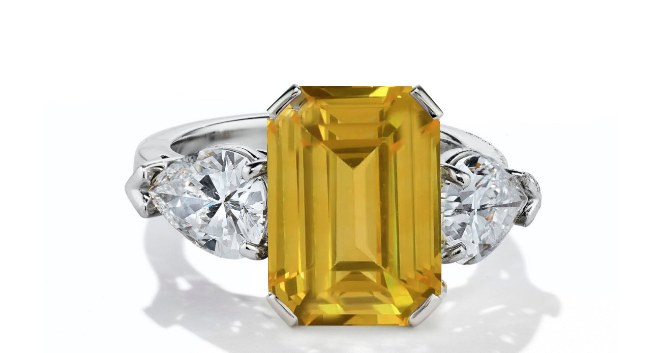 630 custom made unique emerald cut yellow sapphire center stone and pears diamond accent three stone engagement ring