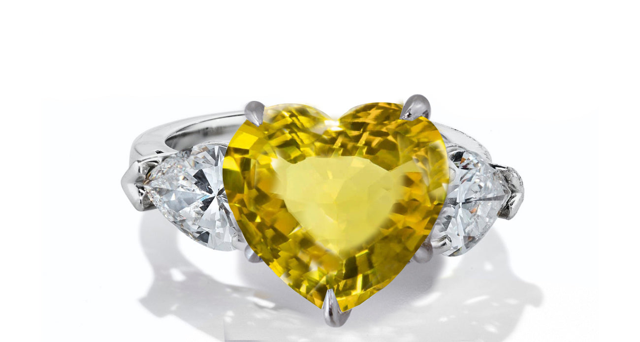 631 custom made unique heart yellow sapphire center stone and heart diamond accent three stone engagement ring
