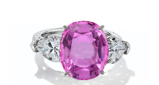632 custom made unique oval pink sapphire center stone and pears diamond accent three stone engagement ring